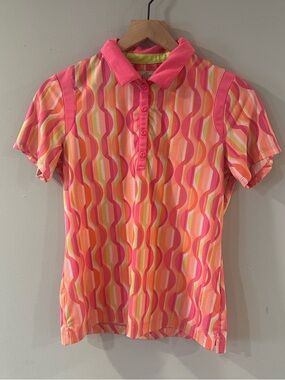 Neon Pink & Orange Wave Print Polo Golf Shirt - EP Pro
